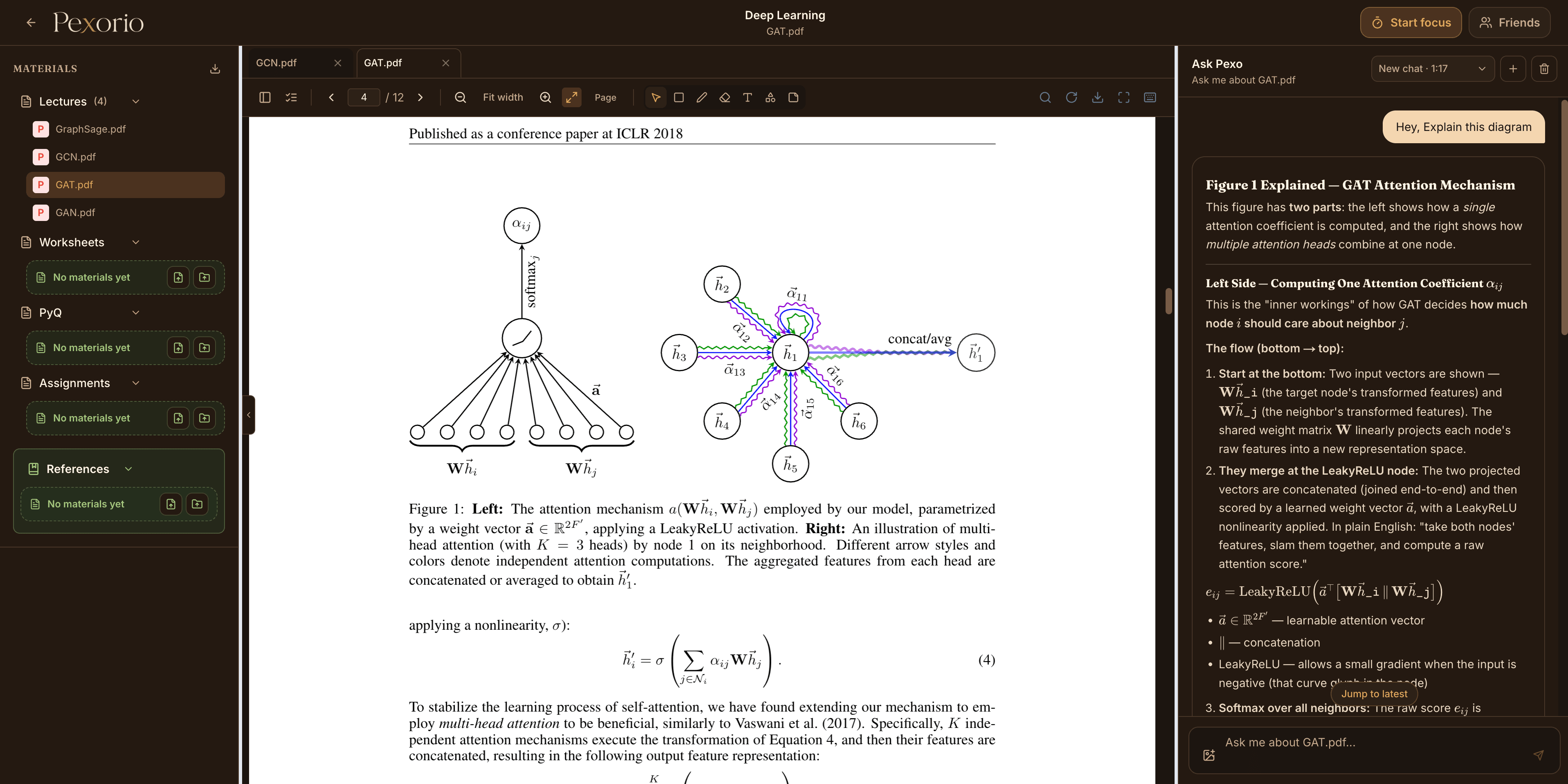 A Pexorio course workspace with a paper open and Ask Pexo explaining its diagram